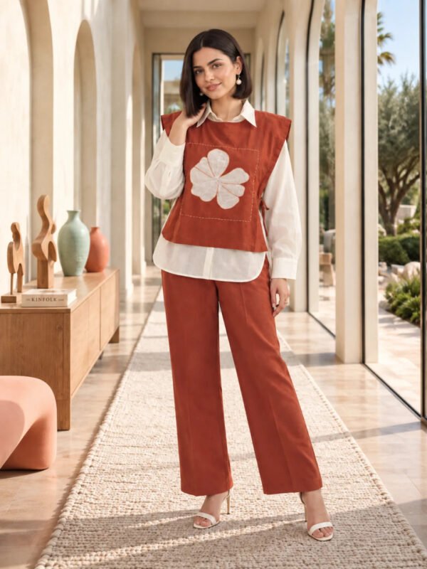 Dailyfab Rust Orange Floral Appliqué Layered 3 Piece Co-ord Set in Cotton Flex