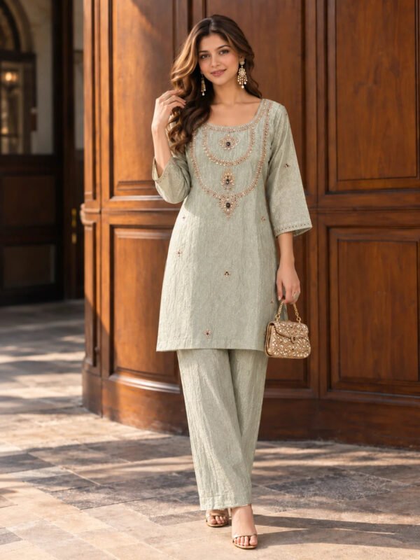 Dailyfab Shimmer Grey Sequin Yoke High-Low Co-ord Set in Crushed Tissue