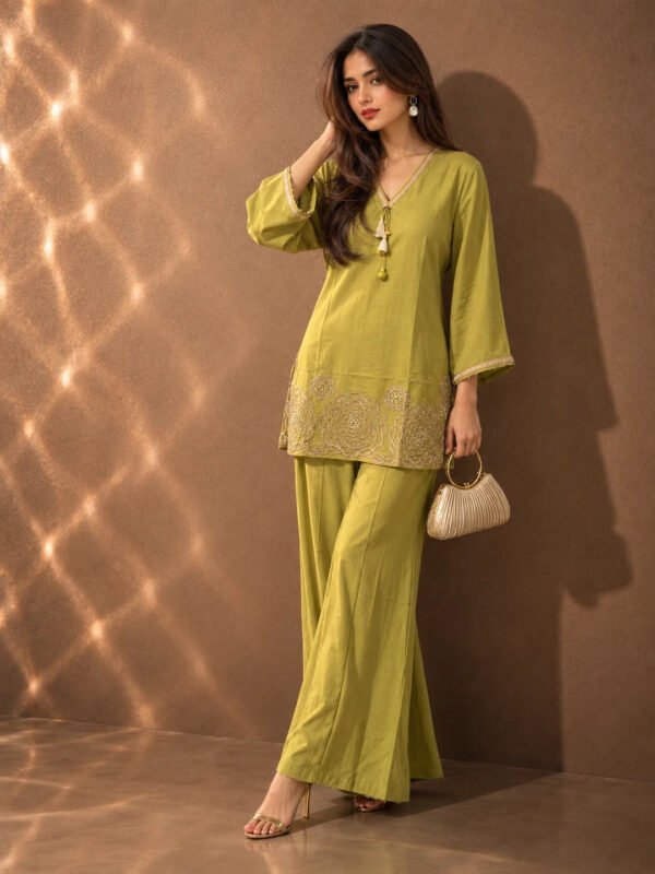 Dailyfab Lime Green Gold Embroidered Tassel Detail Co-ord Set in Muslin