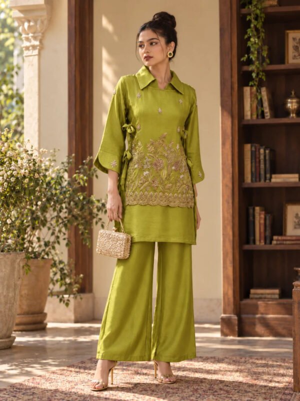 Dailyfab Lime Green Embroidered Tie-Up 3 Piece Co-ord Set in Tissue