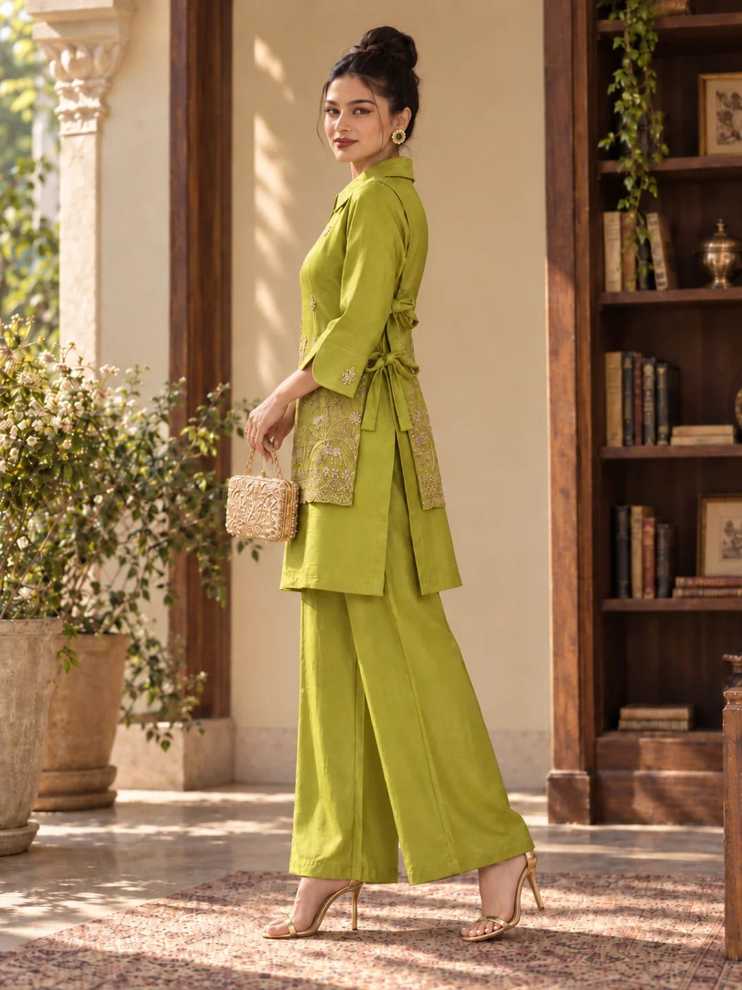 Dailyfab Lime Green Embroidered Tie-Up 3 Piece Co-ord Set in Tissue - Image 5