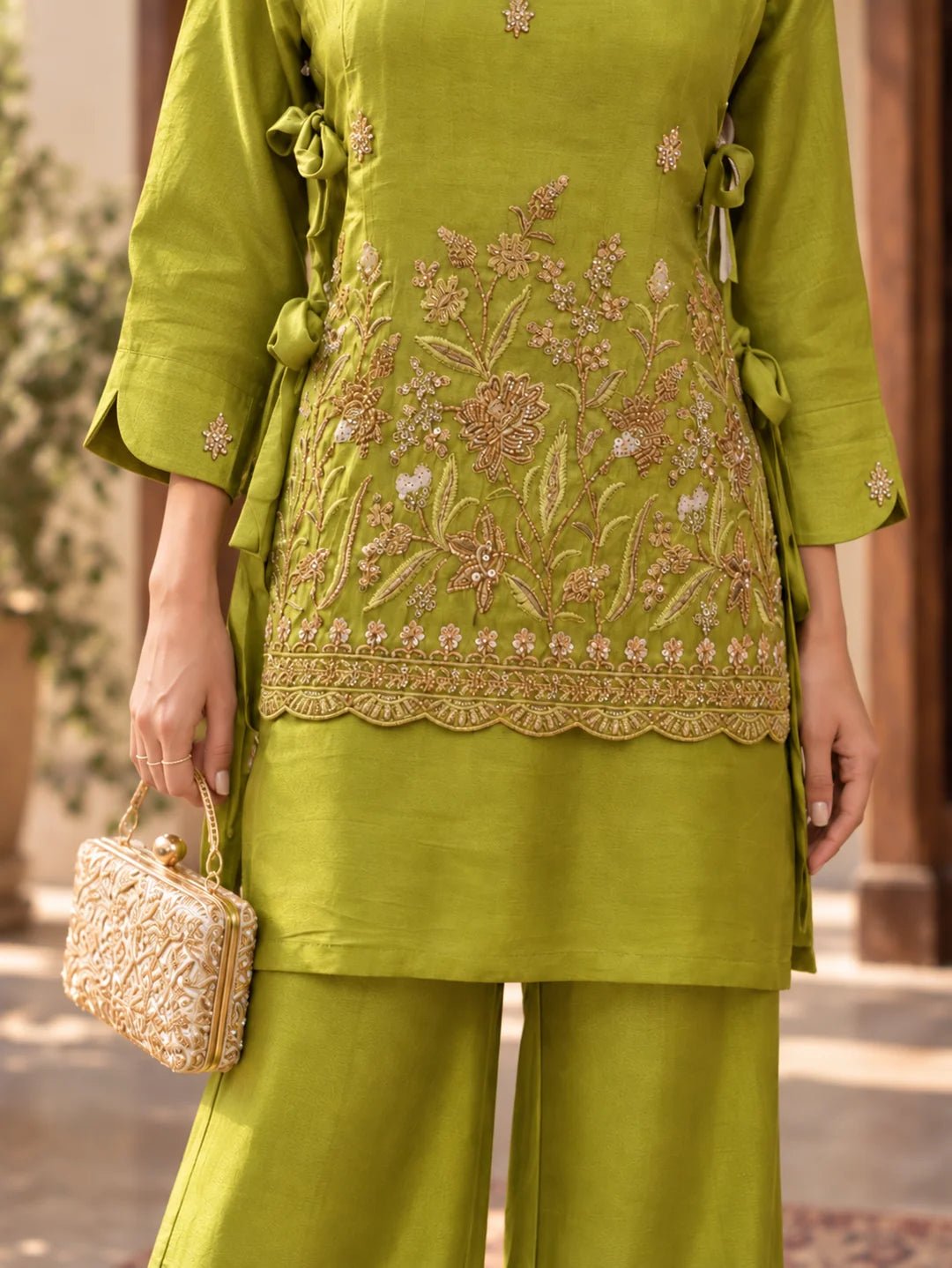 Dailyfab Lime Green Embroidered Tie-Up 3 Piece Co-ord Set in Tissue - Image 3