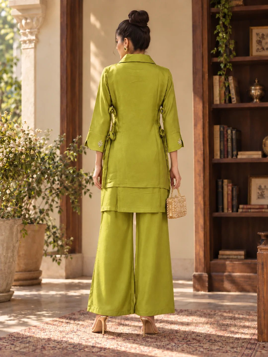 Dailyfab Lime Green Embroidered Tie-Up 3 Piece Co-ord Set in Tissue - Image 2