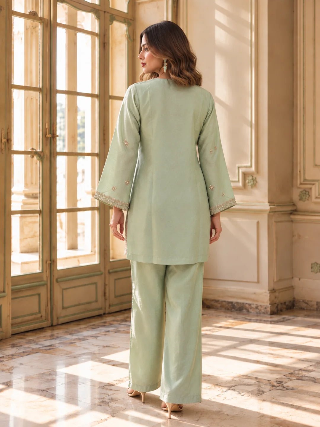 Dailyfab Pista Green Sequin Embellished 3 Piece Co-ord Set in Shimmer Tissue - Image 2