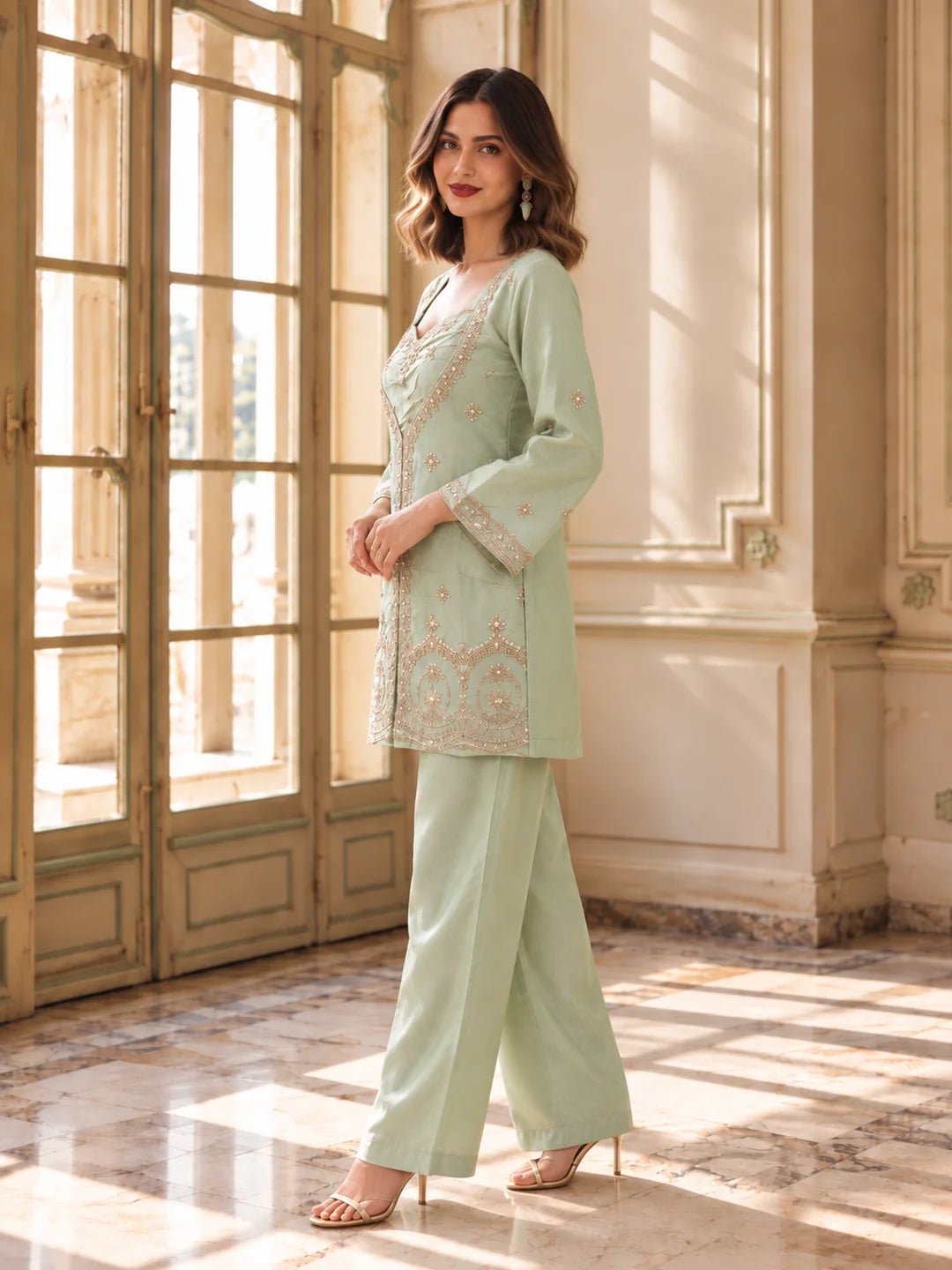 Dailyfab Pista Green Sequin Embellished 3 Piece Co-ord Set in Shimmer Tissue - Image 5