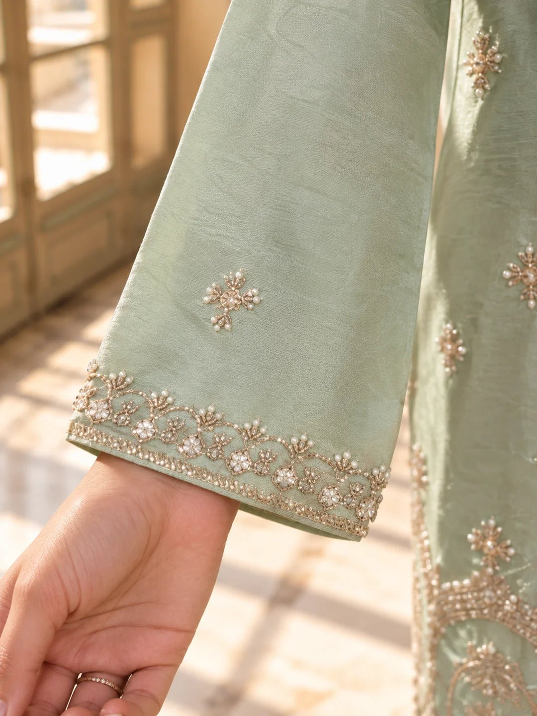 Dailyfab Pista Green Sequin Embellished 3 Piece Co-ord Set in Shimmer Tissue - Image 4