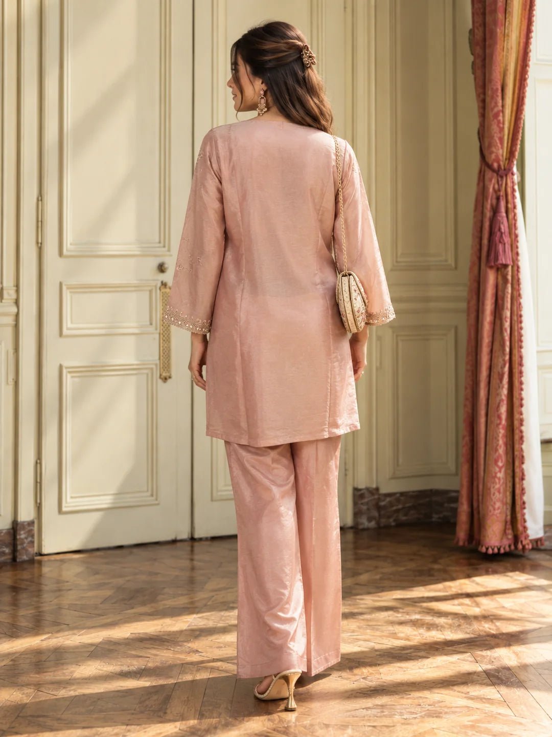 Dailyfab Mauve Pink Sequin Embellished 3 Piece Co-ord Set in Shimmer Tissue - Image 2