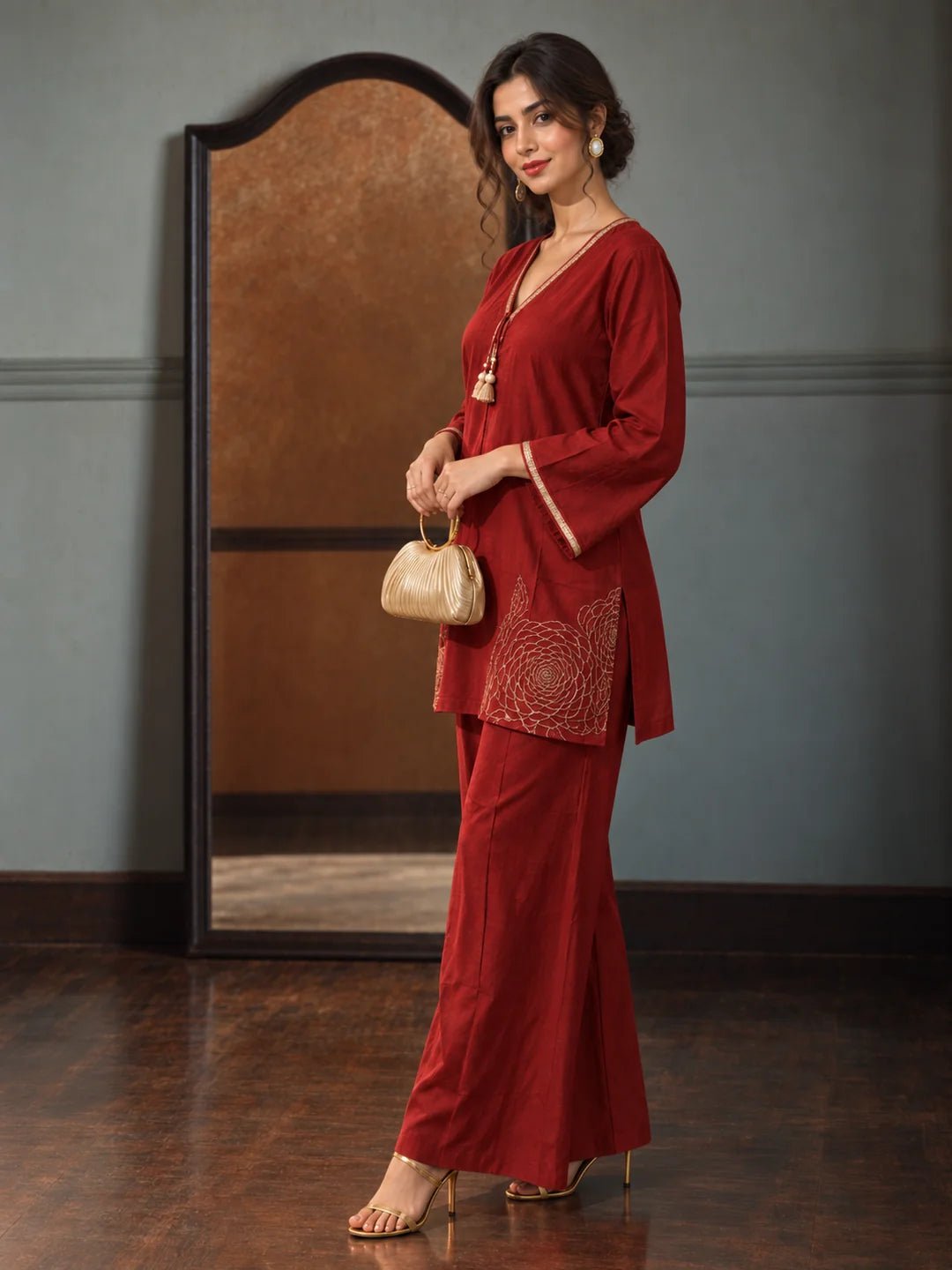 Dailyfab Orange Gold Embroidered Tassel Detail Co-ord Set in Muslin - Image 5