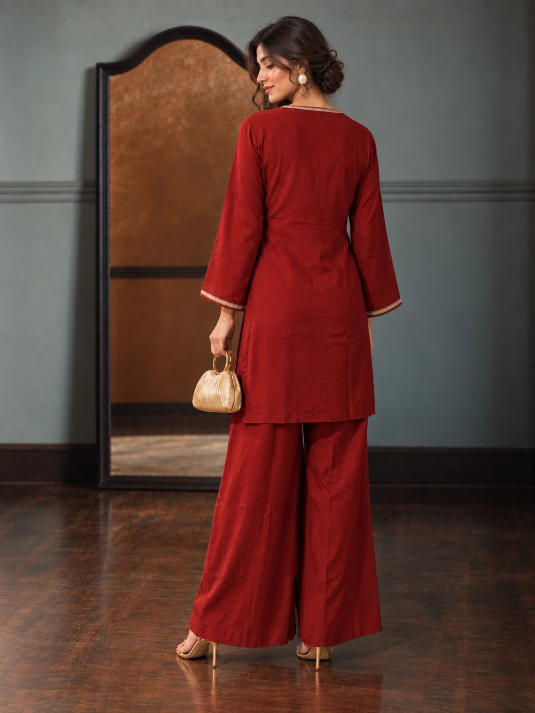 Dailyfab Orange Gold Embroidered Tassel Detail Co-ord Set in Muslin - Image 2