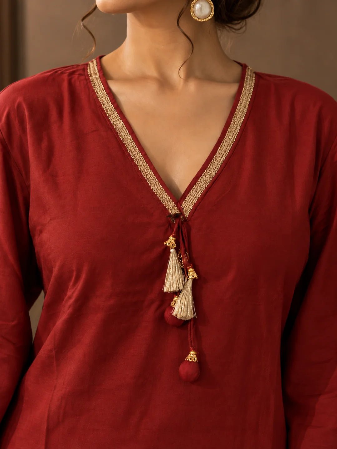 Dailyfab Orange Gold Embroidered Tassel Detail Co-ord Set in Muslin - Image 3