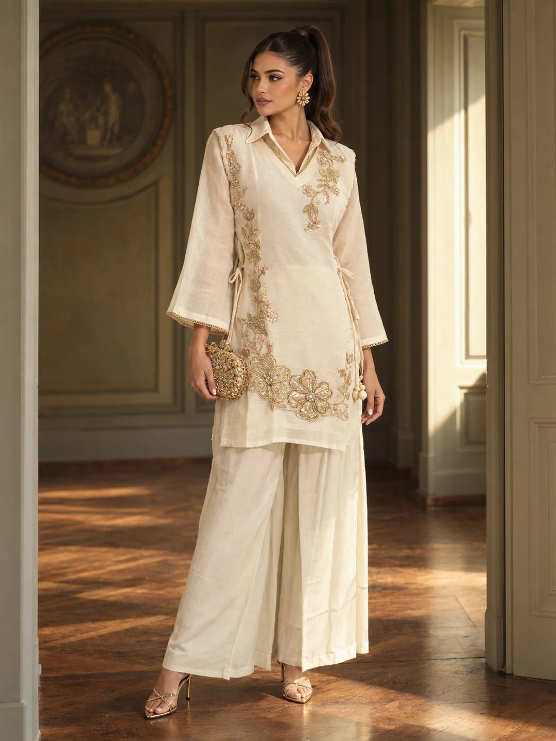 Dailyfab Off White Floral Appliqué Tie-Up 3 Piece Co-ord Set in Mul Chanderi
