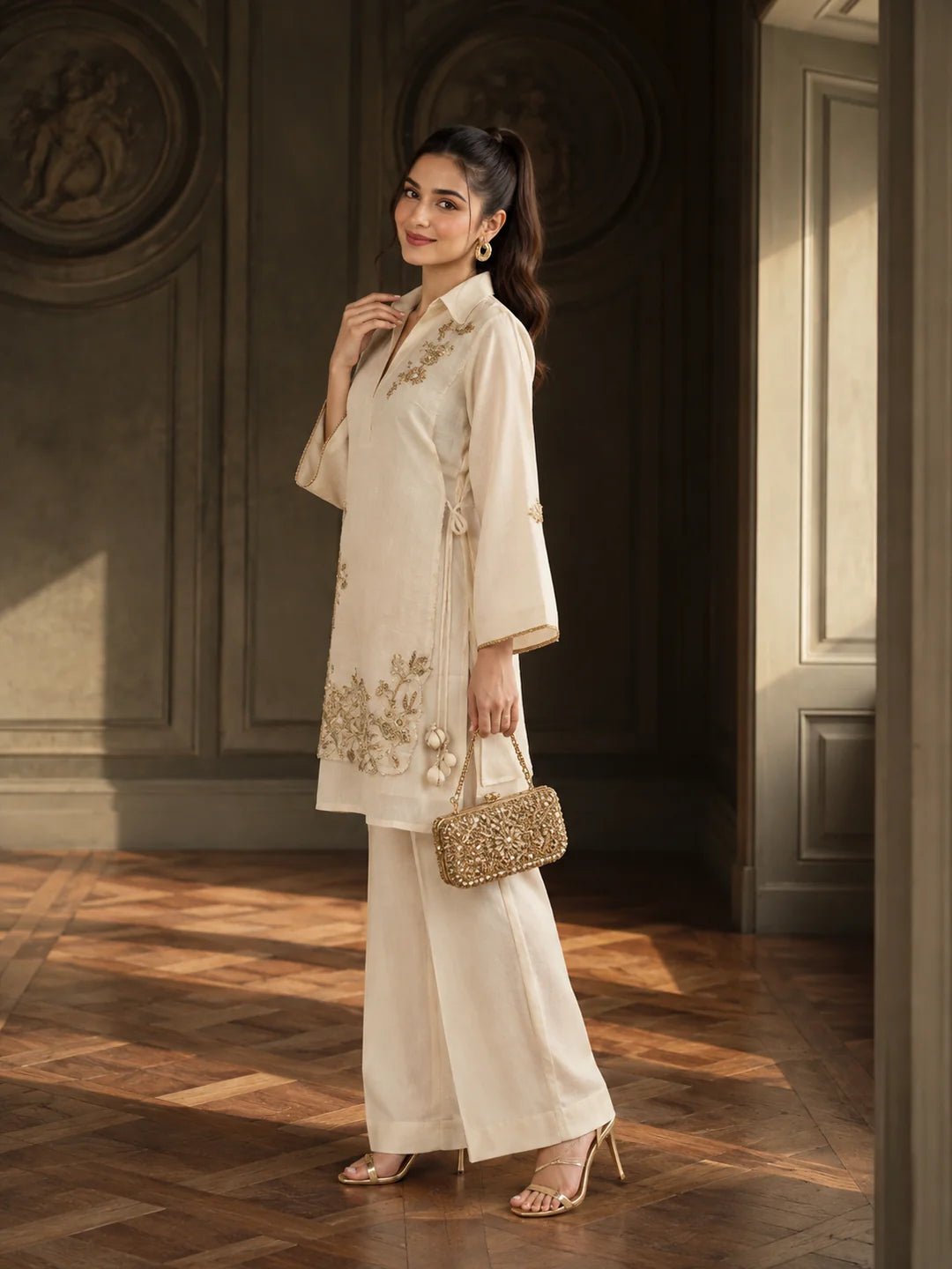 Dailyfab Off White Floral Appliqué Tie-Up 3 Piece Co-ord Set in Mul Chanderi - Image 5