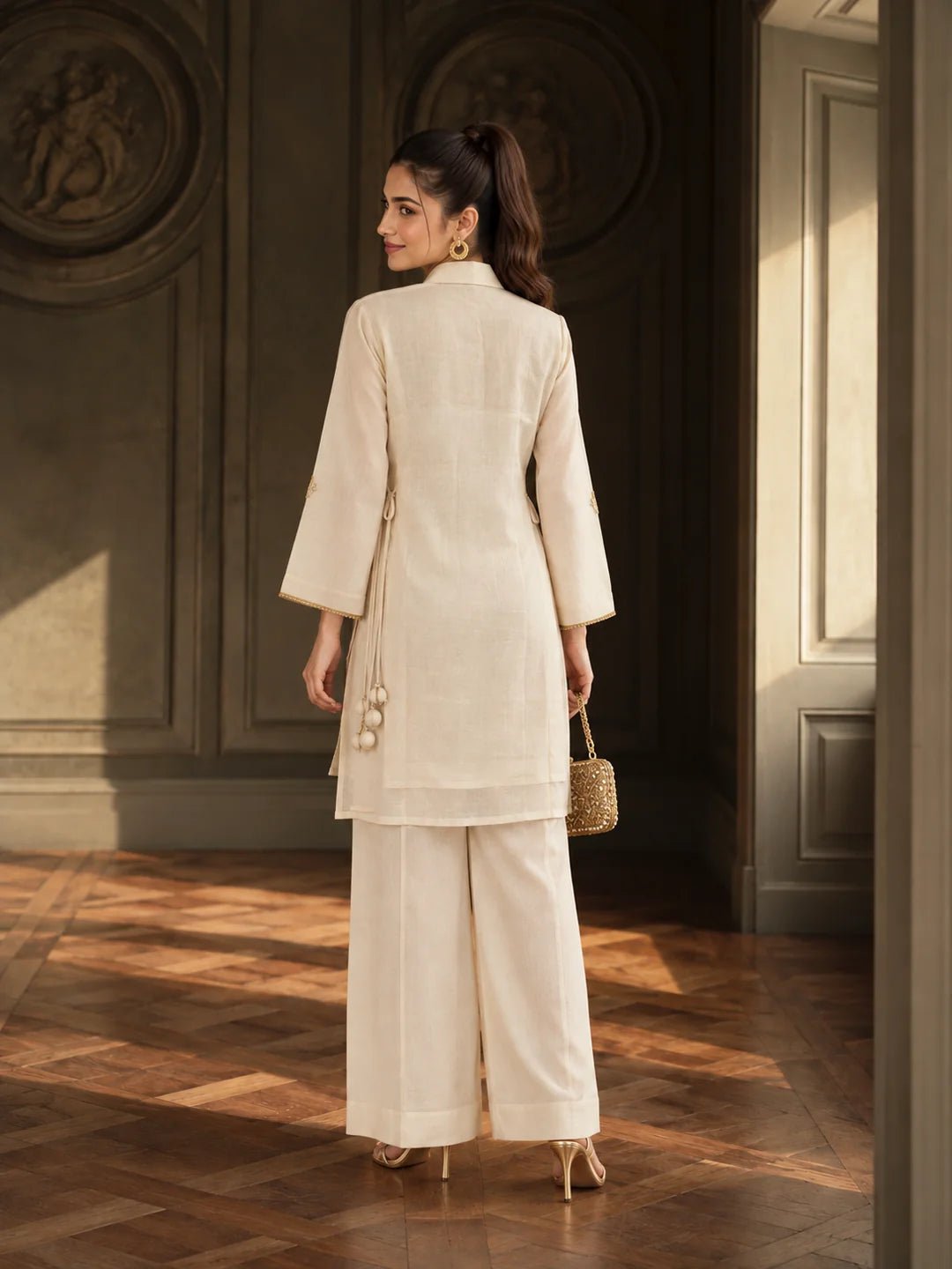 Dailyfab Off White Floral Appliqué Tie-Up 3 Piece Co-ord Set in Mul Chanderi - Image 2