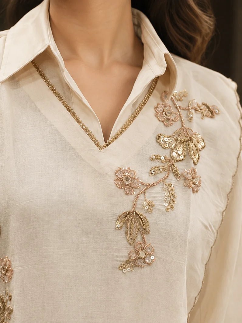 Dailyfab Off White Floral Appliqué Tie-Up 3 Piece Co-ord Set in Mul Chanderi - Image 3