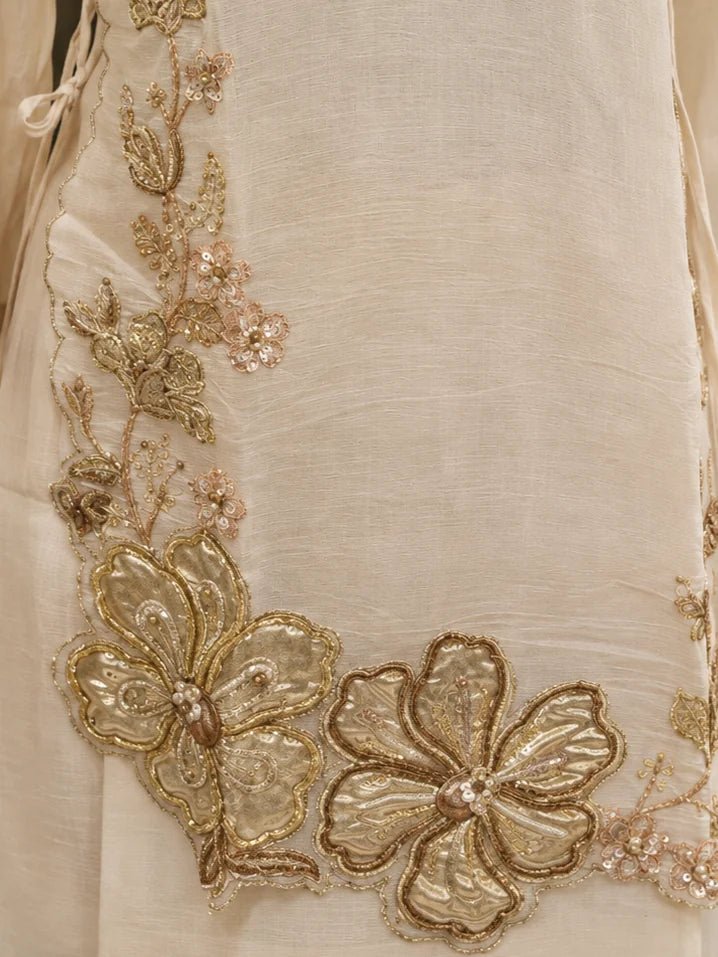 Dailyfab Off White Floral Appliqué Tie-Up 3 Piece Co-ord Set in Mul Chanderi - Image 4