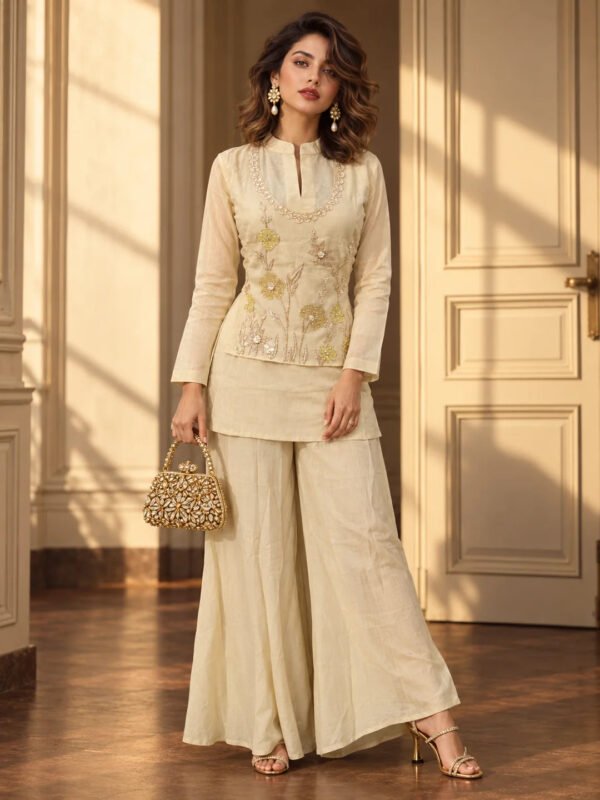 Dailyfab Off-White Floral Sequin Embroidered Co-Ord Set in Mul Chanderi