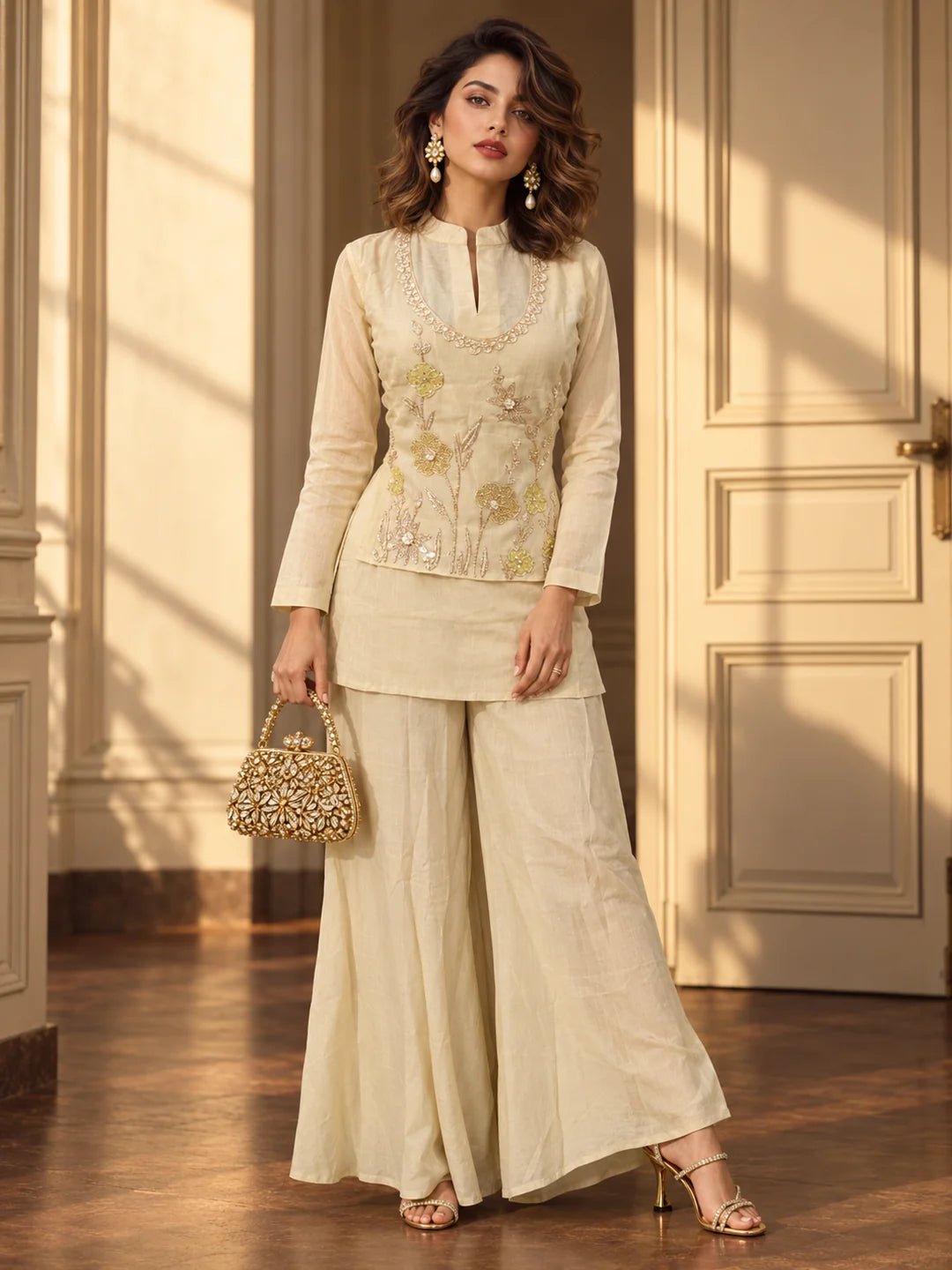Dailyfab Off-White Floral Sequin Embroidered Co-Ord Set in Mul Chanderi