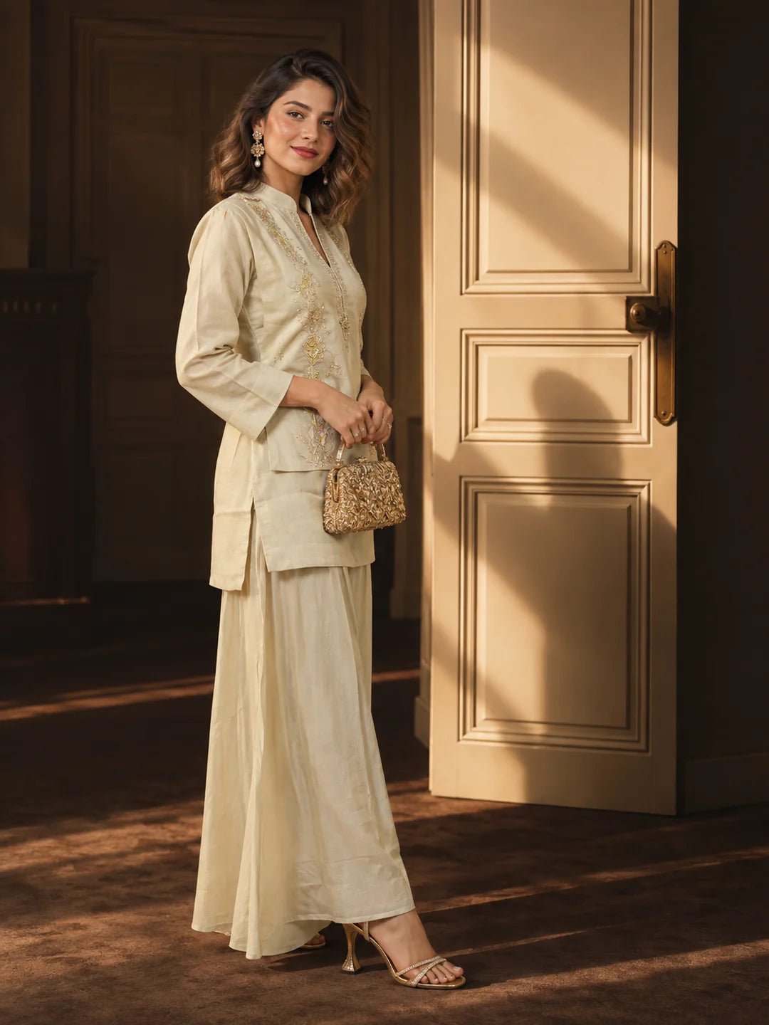 Dailyfab Off-White Floral Sequin Embroidered Co-Ord Set in Mul Chanderi - Image 5