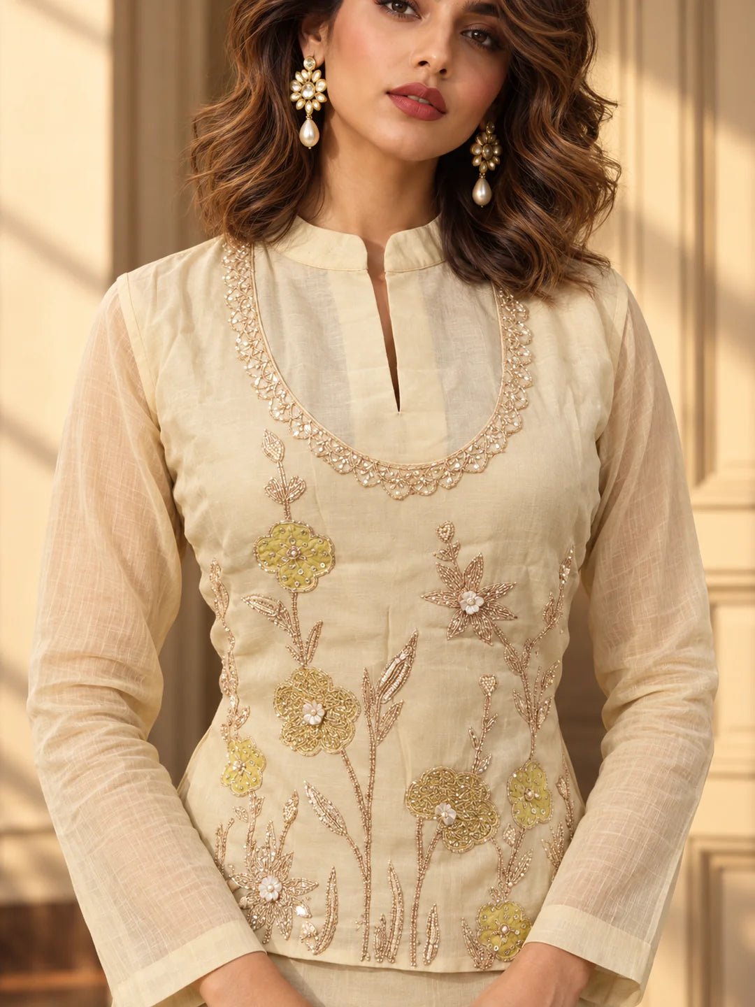 Dailyfab Off-White Floral Sequin Embroidered Co-Ord Set in Mul Chanderi - Image 3