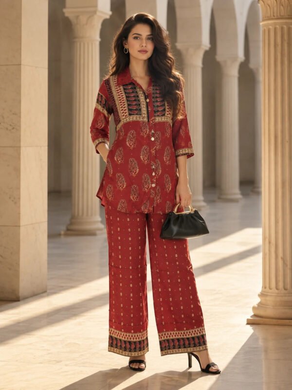 Dailyfab Maroon & Black Embellished Paisley Print Co-Ord Set in Crepe