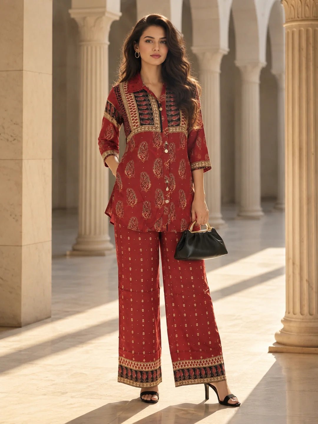 Dailyfab Maroon & Black Embellished Paisley Print Co-Ord Set in Crepe