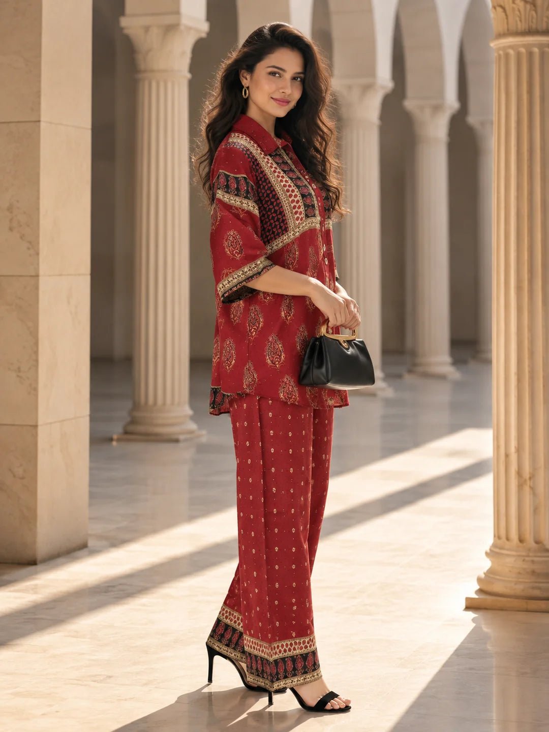 Dailyfab Maroon & Black Embellished Paisley Print Co-Ord Set in Crepe - Image 5