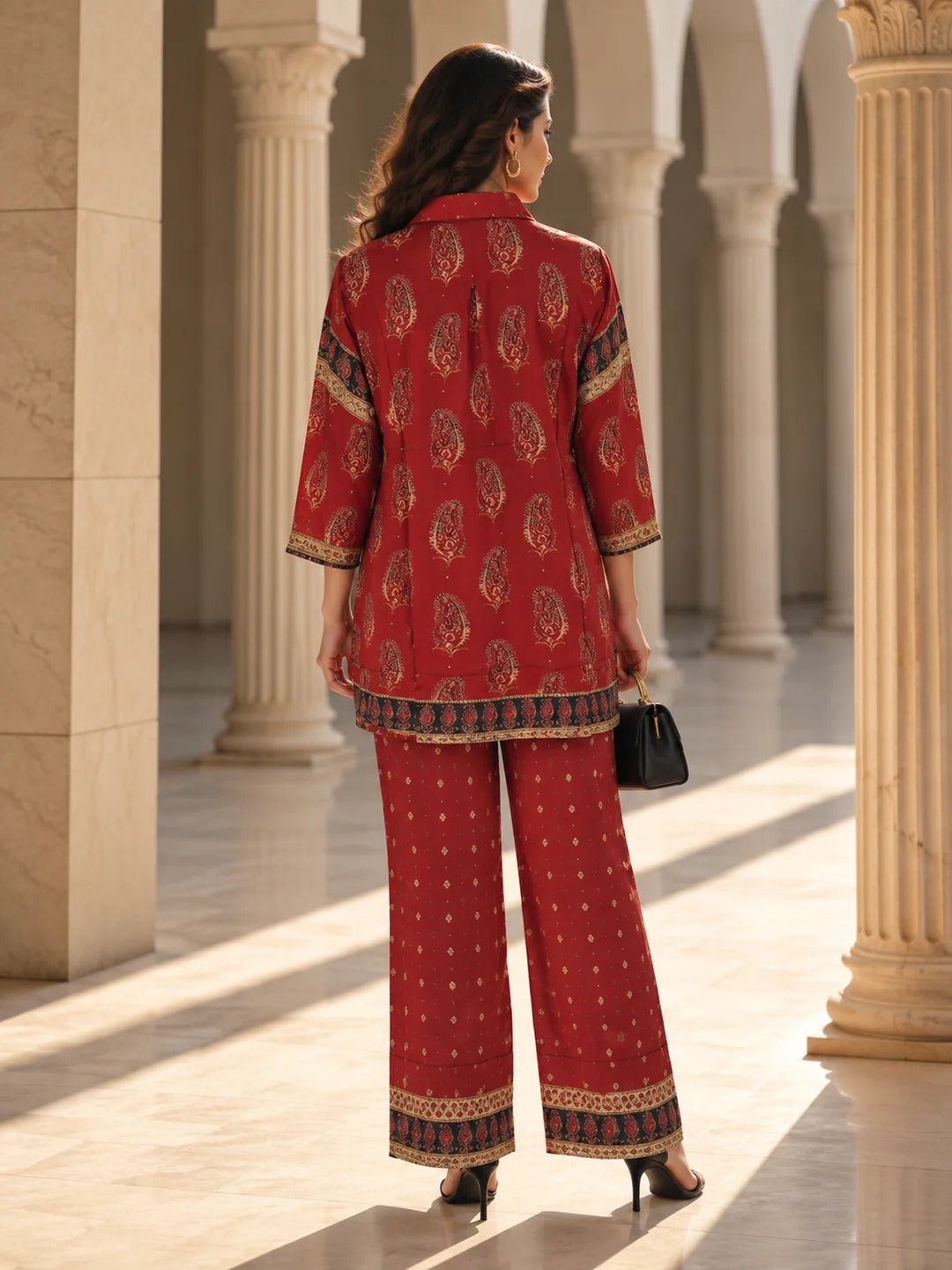 Dailyfab Maroon & Black Embellished Paisley Print Co-Ord Set in Crepe - Image 2
