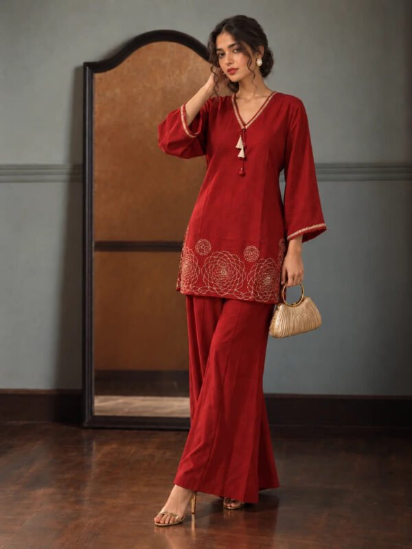 Dailyfab Orange Gold Embroidered Tassel Detail Co-ord Set in Muslin