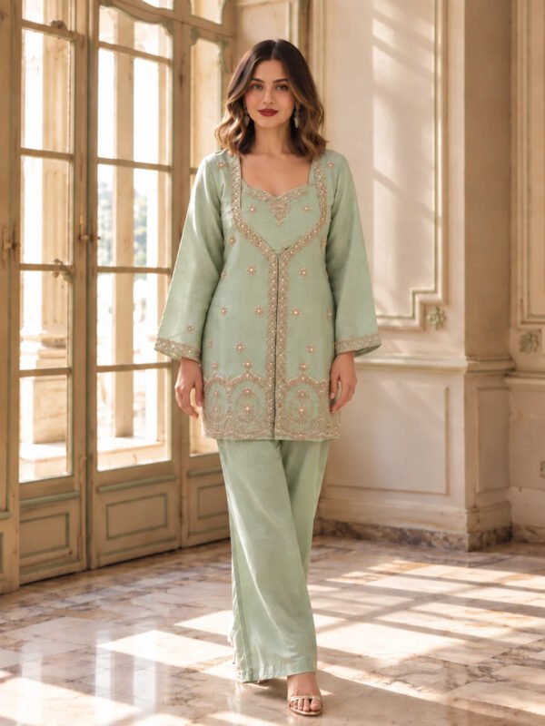 Dailyfab Pista Green Sequin Embellished 3 Piece Co-ord Set in Shimmer Tissue