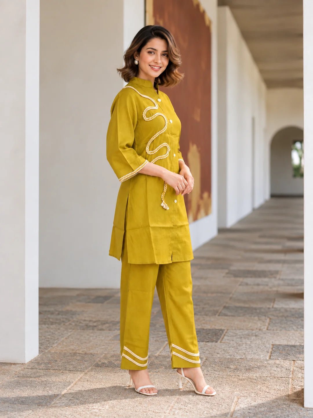 Dailyfab Mustard Yellow Braided Lace Co-Ord Set in Viscose - Image 5