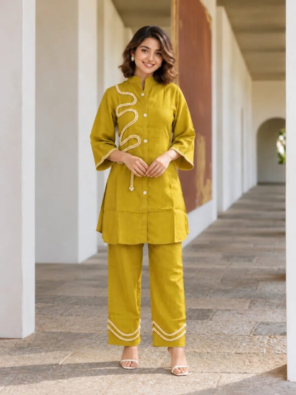 Dailyfab Mustard Yellow Braided Lace Co-Ord Set in Viscose