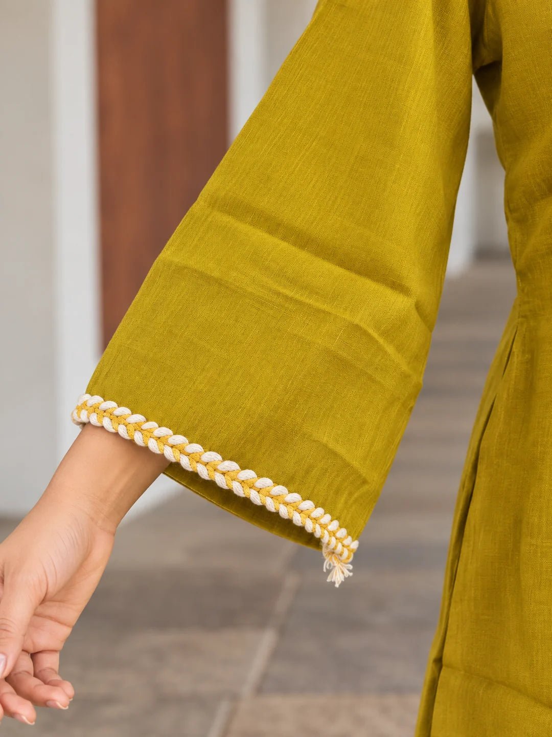 Dailyfab Mustard Yellow Braided Lace Co-Ord Set in Viscose - Image 4