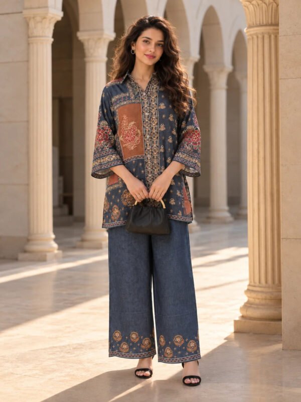 Dailyfab Dusty Blue Multiple Patch Print Co-Ord Set in Crepe