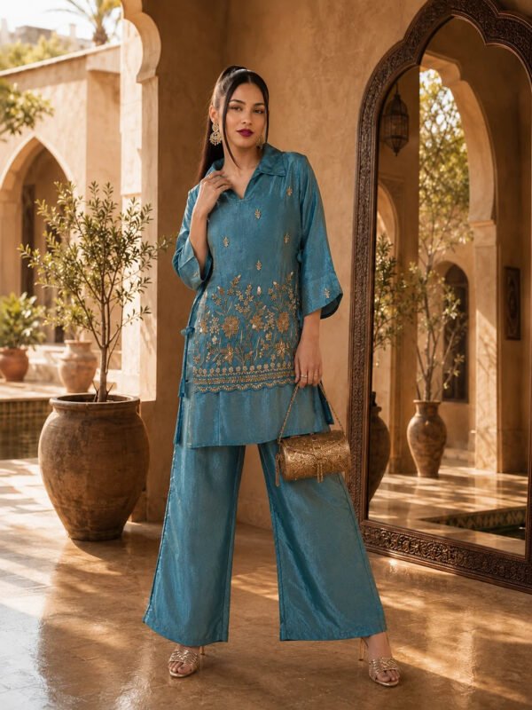 Dailyfab Sky Blue 3 Piece Co-Ord Set with Sleeveless Bib in Shimmer Tissue