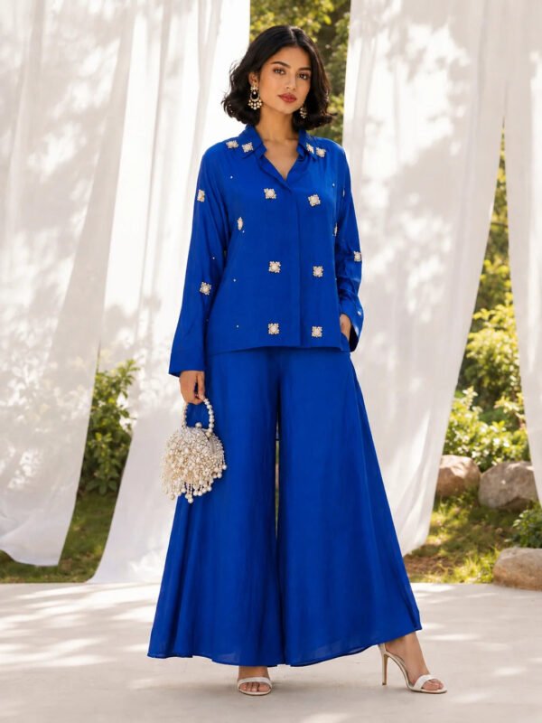 Dailyfab Royal Blue Pearl & Diamond Patchwork Flared Co-Ord Set in Russian Silk