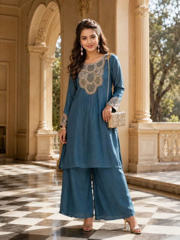 Dailyfab Slate Blue Embroidered Co-Ord Set in Pure Chinon