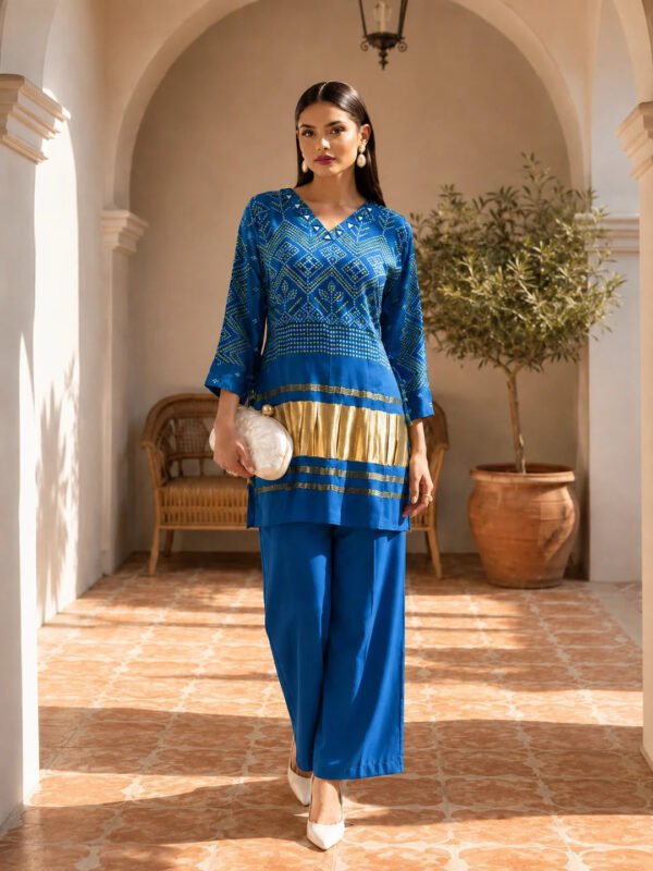 Dailyfab Blue Mirror Detail Bandhani Co-Ord Set with Bold Gaji Border in Gajji Silk