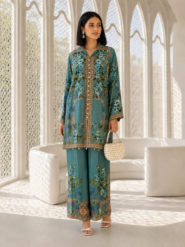 Dailyfab Sea Blue 3-Piece Embroidered Co-Ord Set in Crepe