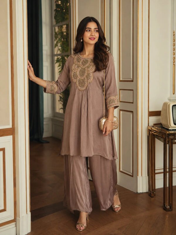 Dailyfab Dusty Mauve Embroidered Co-Ord Set in Pure Chinon