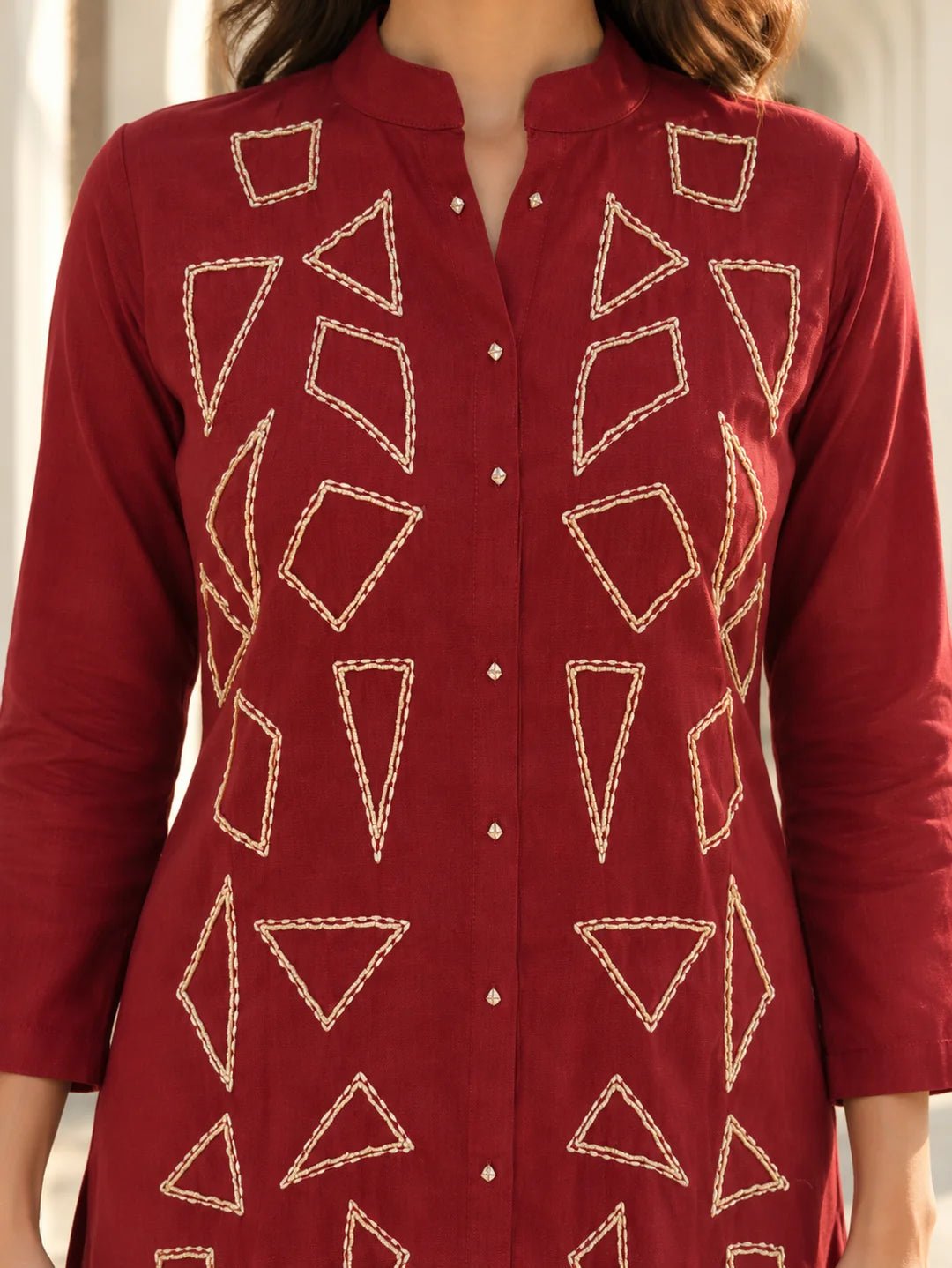 Dailyfab Maroon Geometric Embroidered Mandarin Collar Co-ord Set in Mul Vatican - Image 3