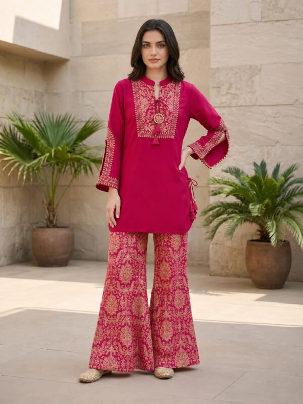 Dailyfab Fuchsia Pink Floral Embroidery Co-Ord Set in Muslin
