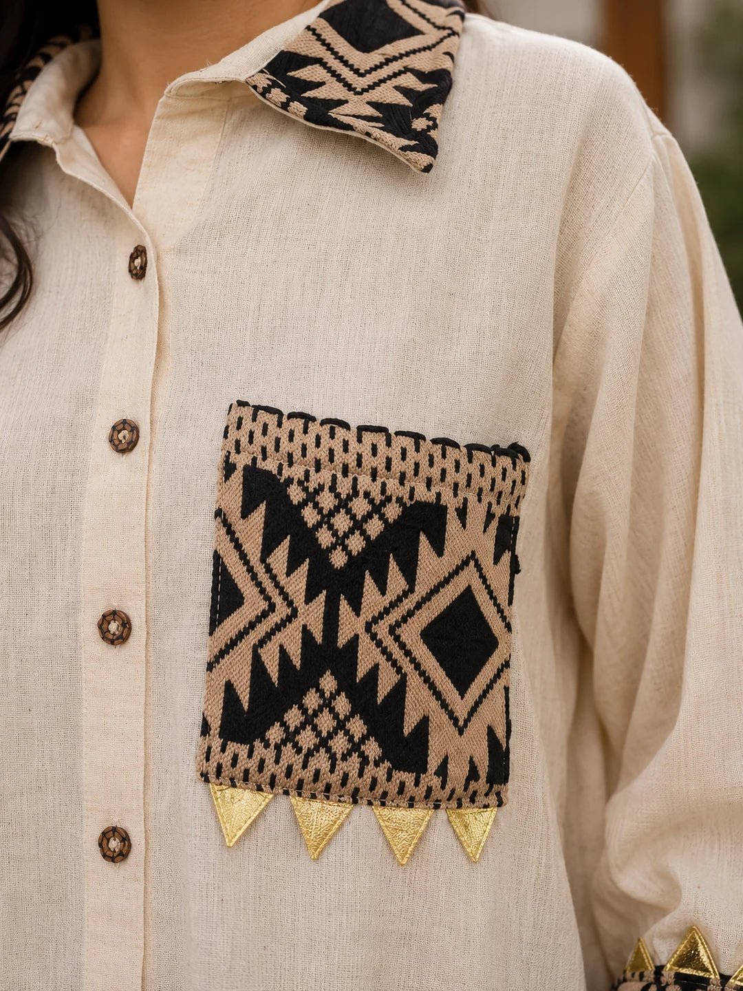 Dailyfab Natural Beige Geometric Patchwork Co-Ord Set with Wooden Button Shirt in Cotton - Image 3