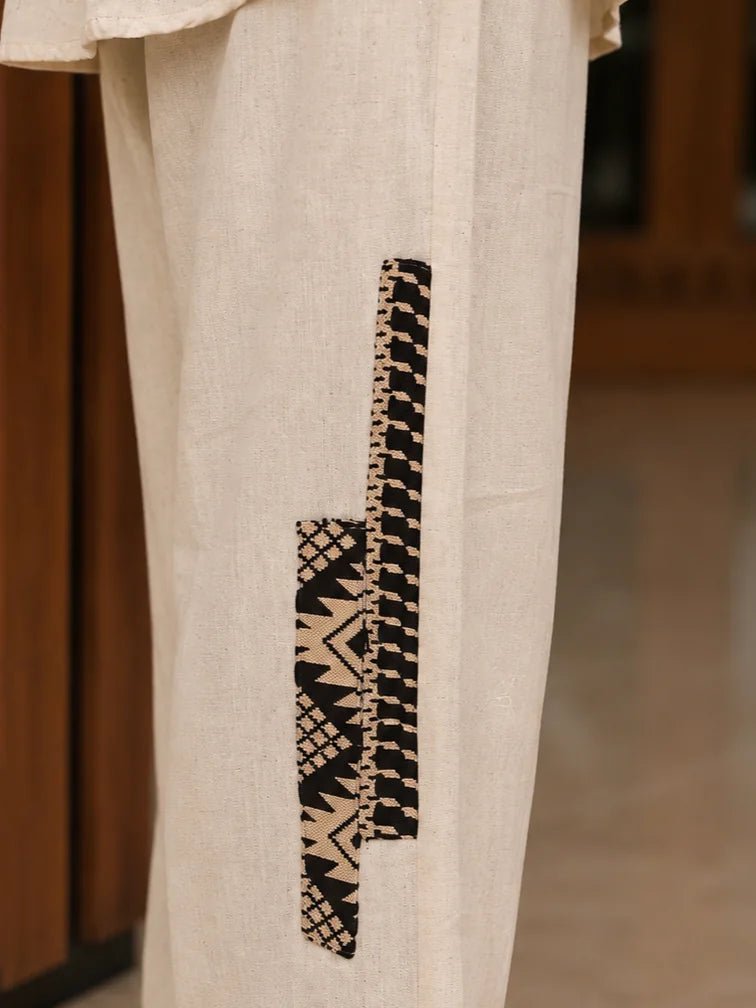 Dailyfab Natural Beige Geometric Patchwork Co-Ord Set with Wooden Button Shirt in Cotton - Image 4