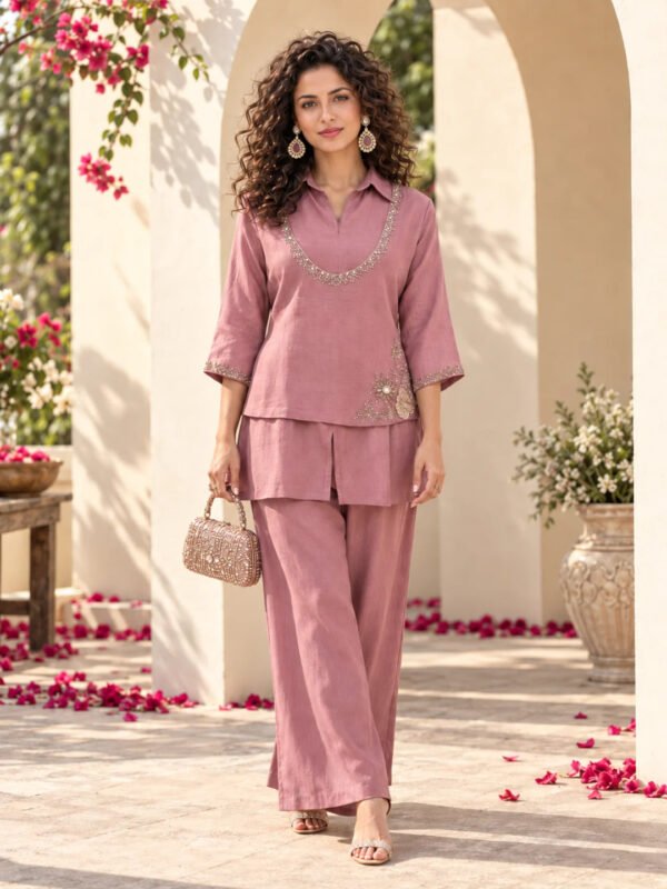 Dailyfab Rose Pink 3-Piece Co-Ord Set with Sequin Embroidery in Mul Chanderi