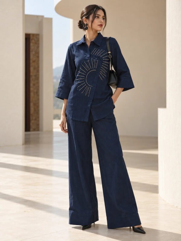Dailyfab Denim Blue Slant Placket Embellished Co-Ord Set in Cotton Denim