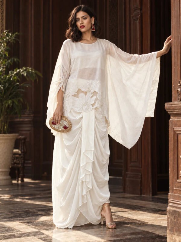 Dailyfab Ivory Floral Appliqué Poncho 3-Piece Co-Ord Set with Draped Skirt in Muslin