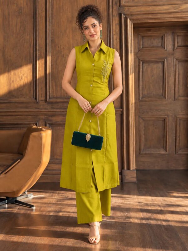 Dailyfab Lime Green Sleeveless Shirt Collar Co-Ord Set with Sequin Embroidery in Vatican Fabric