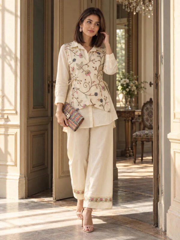 Dailyfab Off-White Tie-Detail 3-Piece Co-Ord Set with Multicolour Floral Embroidery in Cotton Flex