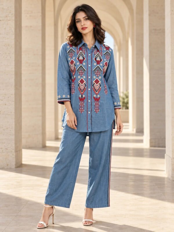 Dailyfab Light Denim Blue Geometric Embroidered Co-ord Set in Cotton Denim