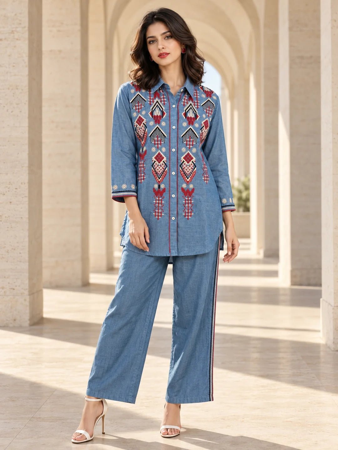 Dailyfab Light Denim Blue Geometric Embroidered Co-ord Set in Cotton Denim